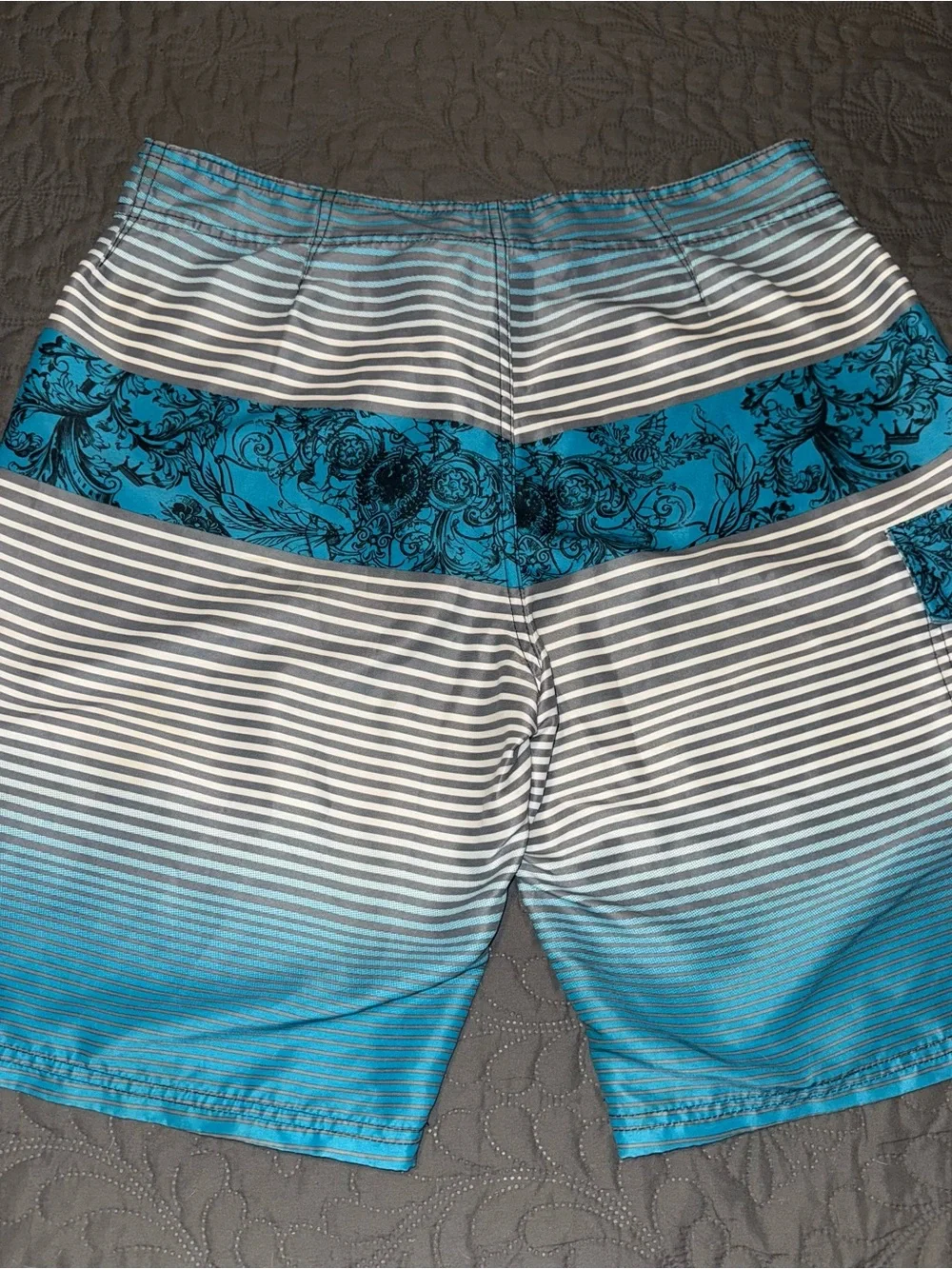 Vintage Y2k Ocean Pacific Men's Graphic Board Shorts Size 36 Blue Swim Trunks